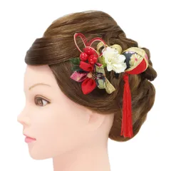 髪飾り 成人式 水引 つまみ細工 赤 振袖 前撮り 袴 花 2点セット 黒 白 ゴールド ちりめん 房 房付き 組紐 和柄 かんざし 日本 No.9-5131