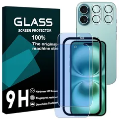 対応 iPhone 16 Plus フイルム ブルーライトカット ガイド枠付き 【2+2枚セッ- AGC旭硝子】 iPhone16 plus ガラスフイルム 【2枚】+ レンズフィルム 【2枚】 アイホン16 plus 液晶保護フィルム アイフォン16pl