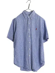 【お得なクーポン配布中!】 00s ラルフローレン ストライプ 半袖 ボタンダウン シャツ メンズ M オールド ポロ 100% リネン 高級 半袖シャツ ワンポイント カジュアル