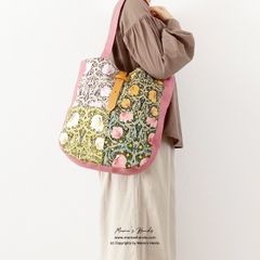 ⭐️4点売れました⭐️ おしゃれな ウィリアムモリス ピンク系 ピンパーネル いちご泥棒 パッチワーク ヌメ革 (中) 軽い トートバック