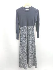 ◇ ⊇ Andemiu アンデミュウ 異素材切り替え 花柄 長袖 ロング ワンピース サイズフリー ネイビー レディース E  【1412090066313】