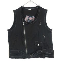 【美品】ピンクハウス★ゴージャス♪ローズ刺繡のライダース風ベスト 大きいサイズ4(L) 黒系 フリル&ステッチ♪z14231