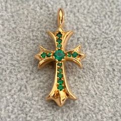 CHROME HEARTS Tiny Cross Fat Emerald Gold 22k クロムハーツ タイニー クロスファット エメラルド ゴールド ペンダント トップ ネックレス ジュエリー アクセサリー 小物 金 ほぼ未使用