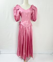 ヴィンテージ 肩リボン ウエストリボン バルーンスリーブ 半袖 ロング丈 サテン ワンピース ドレス ピンク ビンテージ vintage【S228】