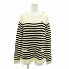 バーバリーブルーレーベル BURBERRY BLUE LABEL ニット カットソー ウール ボーダー ロゴ刺繍 肩 金ボタン 長袖 38 白 ホワイト 黒 ブラック /VU△ 0312