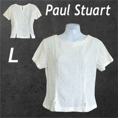 Paul Stuart ポールスチュアート レディース 半袖カットソー スリット L プラウス 綿 麻 アイボリー系 (F048)★