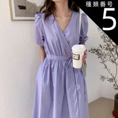 種類5：ライトブルー/S ワンピース ワンピドレス 膝下 ロング ロング丈 袖あり 半袖 パフスリーブ 萌袖 カシュクール 襟なし セミフレア Aライン ウエストリボン ポケット ハイウエスト 綿 リネン かわいい 大人可愛い シンプル カジュアル 大人 おし