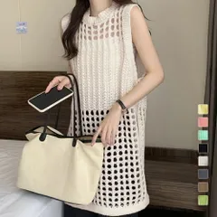 サマーニットワンピース レディース 春夏秋 袖なし ミニ丈 丸首 穴あきデザイン スリット ポリエステル シンプル 涼し気 大人 黒