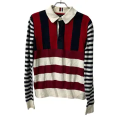 TOMMY HILFIGER 長袖 ボーダー ストライプ ポロシャツ M レッド ネイビー ホワイト トミーヒルフィガー 古着卸 アメリカ仕入 a707-5900