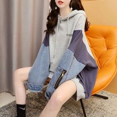 レディース トレーナー 春秋 ゆったり 可愛い 長袖 袖デニム 薄手 フード付き 大きいサイズ カジュアル おしゃれ LUDA219(2色M-2XL)