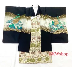 現品限り　特価品　used　5才羽織、袴　7点セット　羽織　黒地鷹に金閣寺柄 ・ 着物　黒地 ・ 袴ゴールド　　七五三　アンティーク　男の子　着付練習　卒業式　卒園式　リメイク