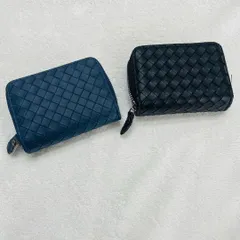 大容量！レザー編みデザインラウンドファスナーカードケース（ブラック/ブルー）財布