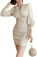 ISLAYCAOLILA カシュクール ワンピース ベルスリーブ タイトミニ クラブドレス Vネック 長袖 ボタン レディース(アイボリー,  XL)