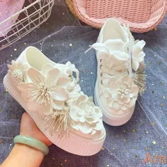 スニーカー 厚底 プラットフォーム付き キャンバスシューズ 春 夏 4cm 白 ラインストーン 花 結婚式 花嫁 学生 [0151] min#