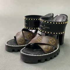 4f4 LOUIS VUITTON ルイヴィトン モノグラムキャンバス スタートレイルライン チャンキーヒール ミュール サンダル シューズ スタッズ 35 1/2 ブラウン ブラック