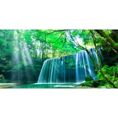 絵画風 壁紙ポスター (はがせるシール式) -地球の撮り方- これぞ自然の恵み「癒しのシャワー」 光芒と水のカーテンの鍋ケ滝 阿蘇市小国町 パノラマ キャラクロ C-ZJP-020S1 (1152mm×576mm) ＜日本製＞ウォールステッカー お風呂ポスター