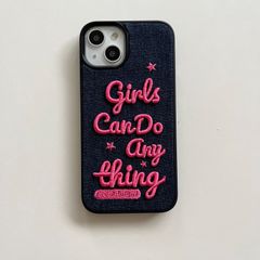 iPhoneケース 個性的なデニム風刺繍英字 iPhone12 Pro Max / 13 / 14 ケース（ピンク）