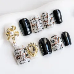 Sun&Beam Nails 手作り ネイルチップ ショート スクエア 短め ブラック ホワイト ゴールド ツイード 人気 3D おしゃれ 可愛い デザイン つけ爪 付け爪 10枚入 (#47 L) 0
