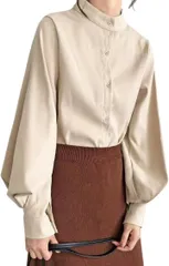 Four leaf 立ち襟 ブラウス レディース バルーン袖 長袖 シャツ トップス 無地 シンプル きれいめ 体型カバー オフィス カジュアル 通勤 フォーマル 大人 可愛い おしゃれ 着回し 洗える(ベージュ,  XL)