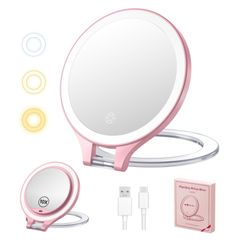 【数量限定】ピンク 日本語取扱説明書 収納便利 10倍拡大 USB充電 タッチ式 輝度無段階調節 3種類の色温度 拡大機能付き 角度調節可能 省スペース 携行 メイク鏡 ハリウッドミラー 壁掛け 卓上 折り畳み 女優ミラー 手鏡タイプ 化粧鏡 LEDライト鏡