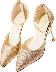 OZBERLI レディース パンプス 美脚 ハイ ピン ヒール 6cm 結婚 式 パーティー おしゃれ 可愛い パール ストラップ 華やか 女性 ドーセイ 結婚式 ハイヒール 大人(ゴールド,  23.5 cm)