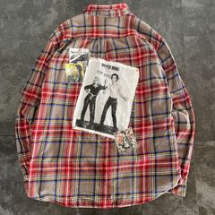 【Remake】SexPistols セックスピストルズ チェック柄 再構築 ドッキング ボロ加工 オーバーサイズ リメイクシャツ ネルシャツ 長袖シャツ レッド系  バンT グランジロック パンク アナーキー No.4