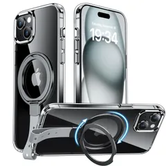 【在庫セール】黄ばみ防止 透明 ワイヤレス充電 縦横両対応 いphone15 Plus Plus スマホケース リング360°回転スタンド機能 レンズ保護 フィンガーストラップ付き 耐衝撃 MagSafe対応 携帯カバー クリア アイフォン 15 15 プラス