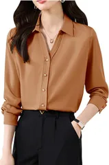 neccote(ネコート) シャツ レディース ブラウス マットサテン Vネック フォーマル オフィスカジュアル ビジューボタン 長袖(ブラウン,  XL)