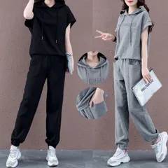 上下セット レティース セットアップ パーカー トップス フード付き 半袖 スポーツ  運動着 ボトムス ロングパンツ 大人 かわいい  夏 シンプル カジュアル おしゃれ ホームウェア 体型カバー 上品 夏服haohout30