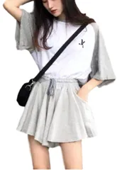[kanaelun] 【カナエルン】 レディース 半袖 ショートパンツ 上下 セット ジャージ スウェット ルーム ウェア 5分丈 ハーフパンツ 2点 セットアップ Tシャツ 通気性 ルームウェア シンプル フィット [グレー/ホワイト] [2XL（小さめ）]