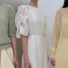 【Susy.】テンセル素材袖フリルウエスト絞りロングワンピース