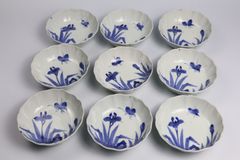 838 染付　蝶　菖蒲　古伊万里　伊万里焼　骨董　アンティーク　膾皿　9客セット