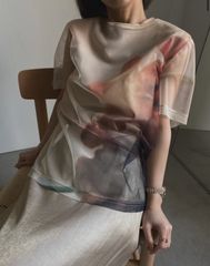 AMERI アメリ SAYO NAGASE SPRING MORNING COLLAB TEE 永瀬沙世さんコラボ Tシャツ チュール シアー 総柄 02110320100 ベージュ Fサイズ レディース 夏 ゴーゴー古着マルイ北千住店 2 No.195