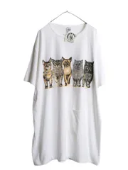 【お得なクーポン配布中!】 デッドストック 90s USA製 ネコ イラスト 両面 プリント Tシャツ ワンピース レディース XXXL 新品 アニマル ポケット付き 大きいサイズ 白