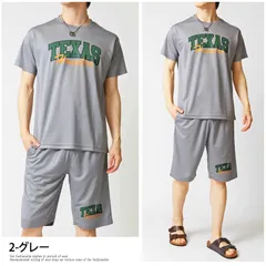 セットアップ メンズ 速乾DRY加工 ストレッチ半袖Tシャツ×ハーフパンツ 上下セット アメカジプリント 部屋着 ルームウェア パジャマ スポーツウェア トップス set32 2-グレー