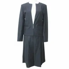 セオリーリュクス theory luxe 近年 EXECUTIVE NIKKIA N SHELLA ノーカラー ジャケット スカートスーツ セットアップ ひざ丈 フレア ウール 36 S相当 紺 ネイビー X
