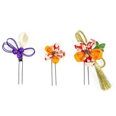 髪飾り ３点セット 山吹色 成人式 花 つまみ細工 水引 和風 結婚式 浴衣 七五三 卒業式 入学式 ヘアアクセサリー 髪留め 日本製 誕生日 バレンタイン クリスマス イエロー 送料無料 W 30 323-259 u755　Si