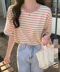  ボーダーtシャツ半袖 レディース 韓国風 韓国ファッション夏 ゆったりTシャツ女 体型カバートップス