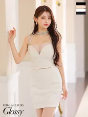 ホワイト [GL3562-W-2408]【ROBE de FLEURS Glossy/ローブ・ド・フルール グロッシー】ビジューネック/ ハートカット/ コズミック/ ミニドレス/ キャバドレス/ ナイトドレス