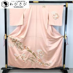 訪問着 短冊に花模様 萩 菊 刺繍 金銀彩 黄土色 トールサイズ K-4568  