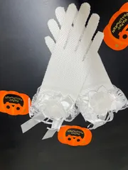 ✨新品✨ エレガントなホワイトレース＆フ イッシュネット指なし手袋、可愛い花装飾リボン付き -ブライダルアクセサリー　ハロウィン  コスプレ ロリーターティー＆ステージパフォーマンス用　写真撮影用小道具、1017-02