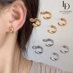 E062 ピアス イヤリング ノンホールピアス 2type フープ ピアス風 シルバー ゴールド 金属アレルギー対応 金アレ ごつめ 太め  E062