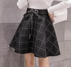 チェック柄 フレアスカート レディース 秋冬 体型カバー ハイウエスト 脚長効果 リボン付き きれいめ カジュアル 上品 通勤 通学 Aラインスカート 低身長 高身長 ミモレ丈 グレー 大人可愛い ガーリー ナチュラル 韓国ファッション [1184]