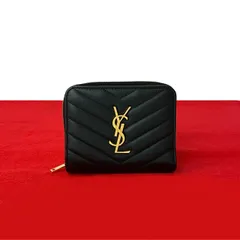 極 美品 SAINT LAURENT PARIS サンローランパリ YSL ロゴ 金具 レザー 本革 ラウンドジップ 二つ折り財布 ミニ ウォレット ブラック 43215