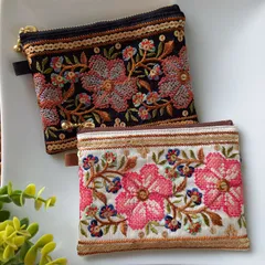 12cm　ミニフラットポーチ　インド刺繍リボン　クロスステッチ風　花柄