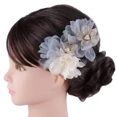 髪飾り 成人式 振袖 前撮り 袴 花 グレー 灰色 ブルーグレー ゴールド 白 ビーズ レース シフォン ふわふわ 小さい 2点セット No.9-5633