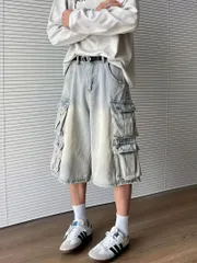 メンズ ヴィンテージ アメリカン カーゴショーツ ルーズフィット フェイクデニム マルチポケット 7/8丈 夏服 レトロインダストリアル ワークウェア ストリート アーバンスタイル 頑丈 耐久性