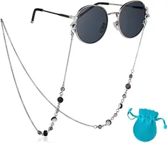 BLUE STARZ 13923 眼鏡チェーン ストラップ ホルダー 眼鏡ネックレス マスク レディース おしゃれ メガネ 落下防止(黒、シルバー,  70cm)