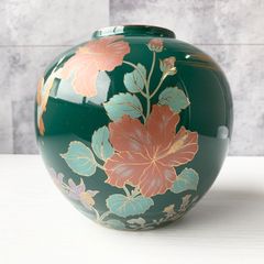 花瓶 花器 ハイビスカス 鳥と花柄 緑色 美術品 インテリア 置き物 飾り物 壺 花器 フラワーベース