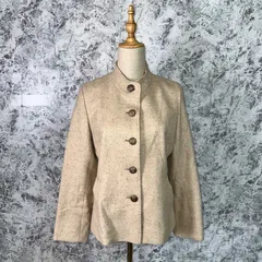 美品　VINTAGE　ヴィンテージ　ビンテージ　Chalet Blanc　ノーカラージャケット　長袖　ハイネック　無地　薄手　ウール混　アンゴラ混　シルク混　春　秋　冬【size 11】　ベージュ　薄白　ブラウン　茶